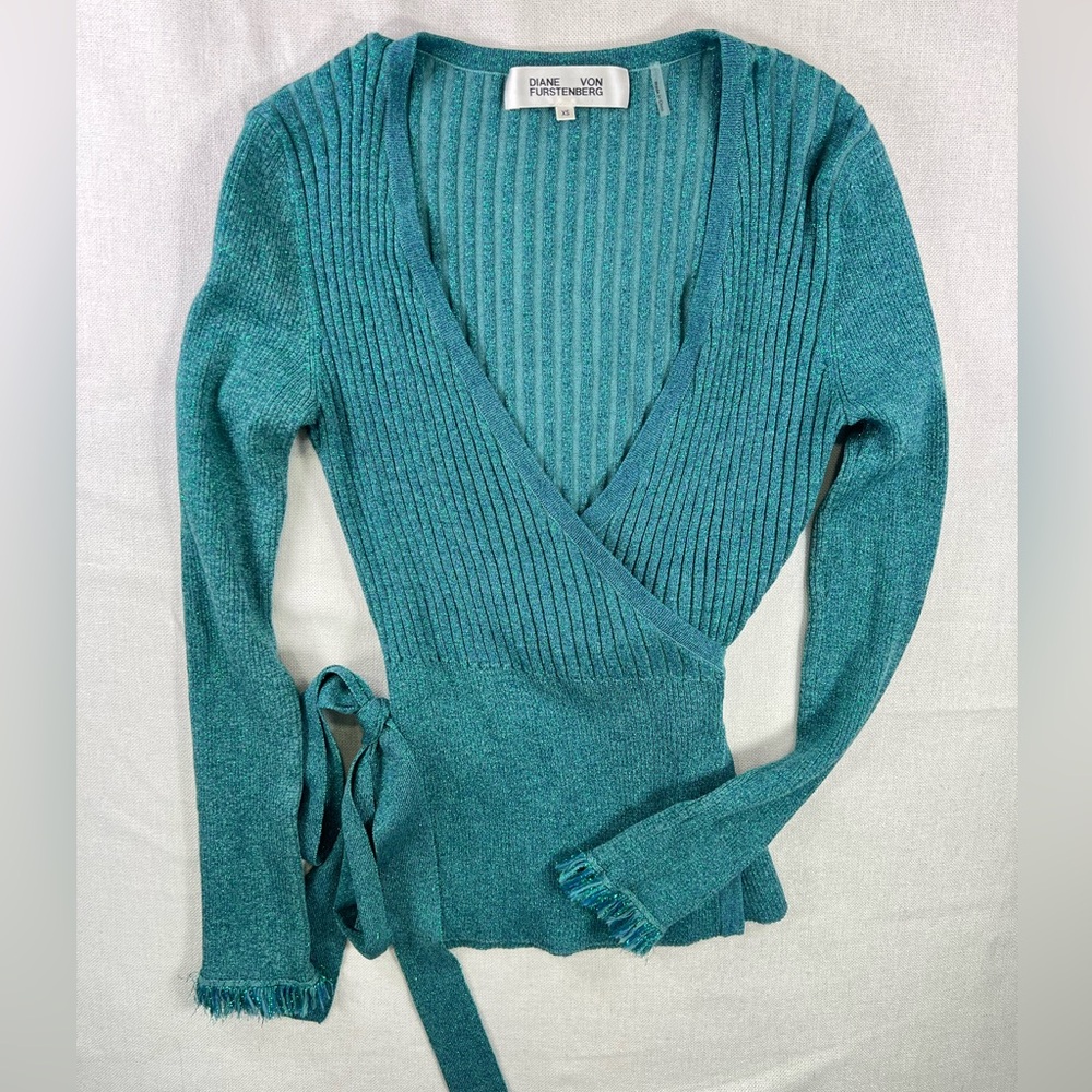 Diane Von Furstenberg V-Neck Merino Wool Wrap Sweater, Emerald Green size XS